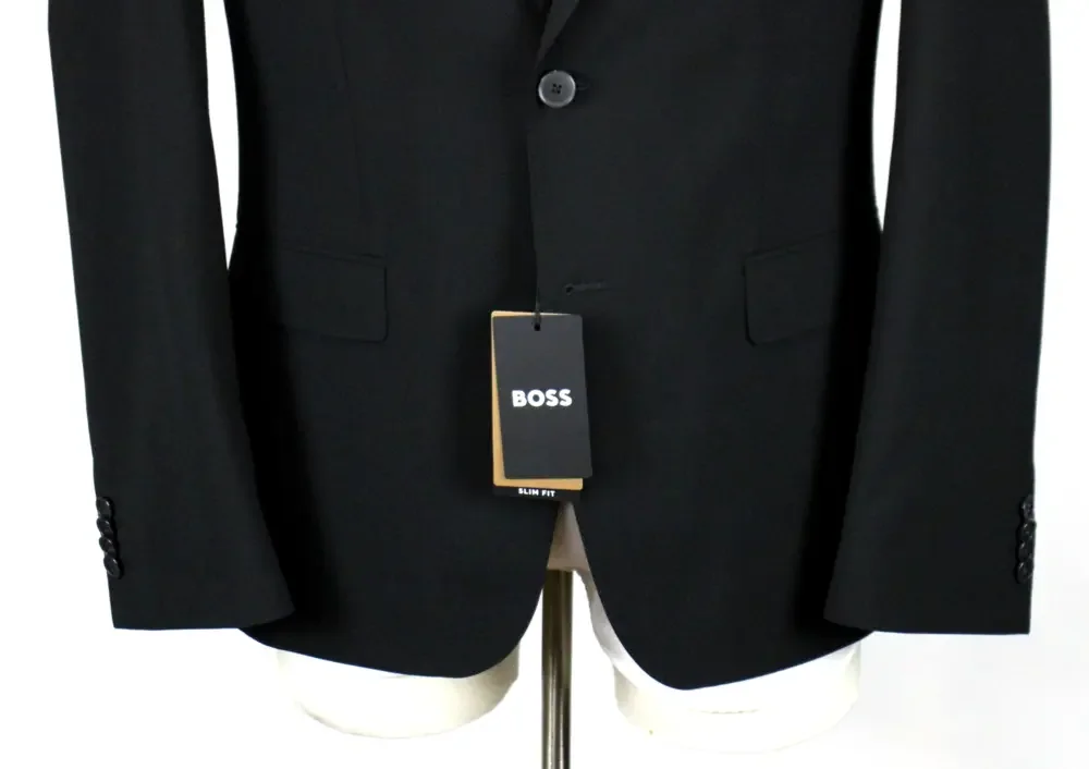 Hugo Boss Slim Fit Huge Sport Coat 40 R Mens Black Solid Wool Two Button Blazer